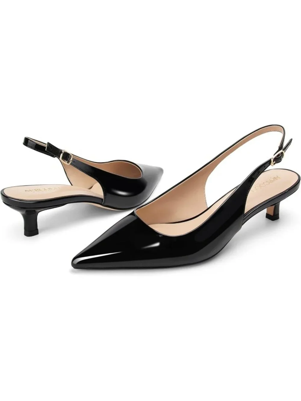 Women's Black Kitten Heel Slingback Pointed Closed Toe Ankle Strap Elegant Shoes